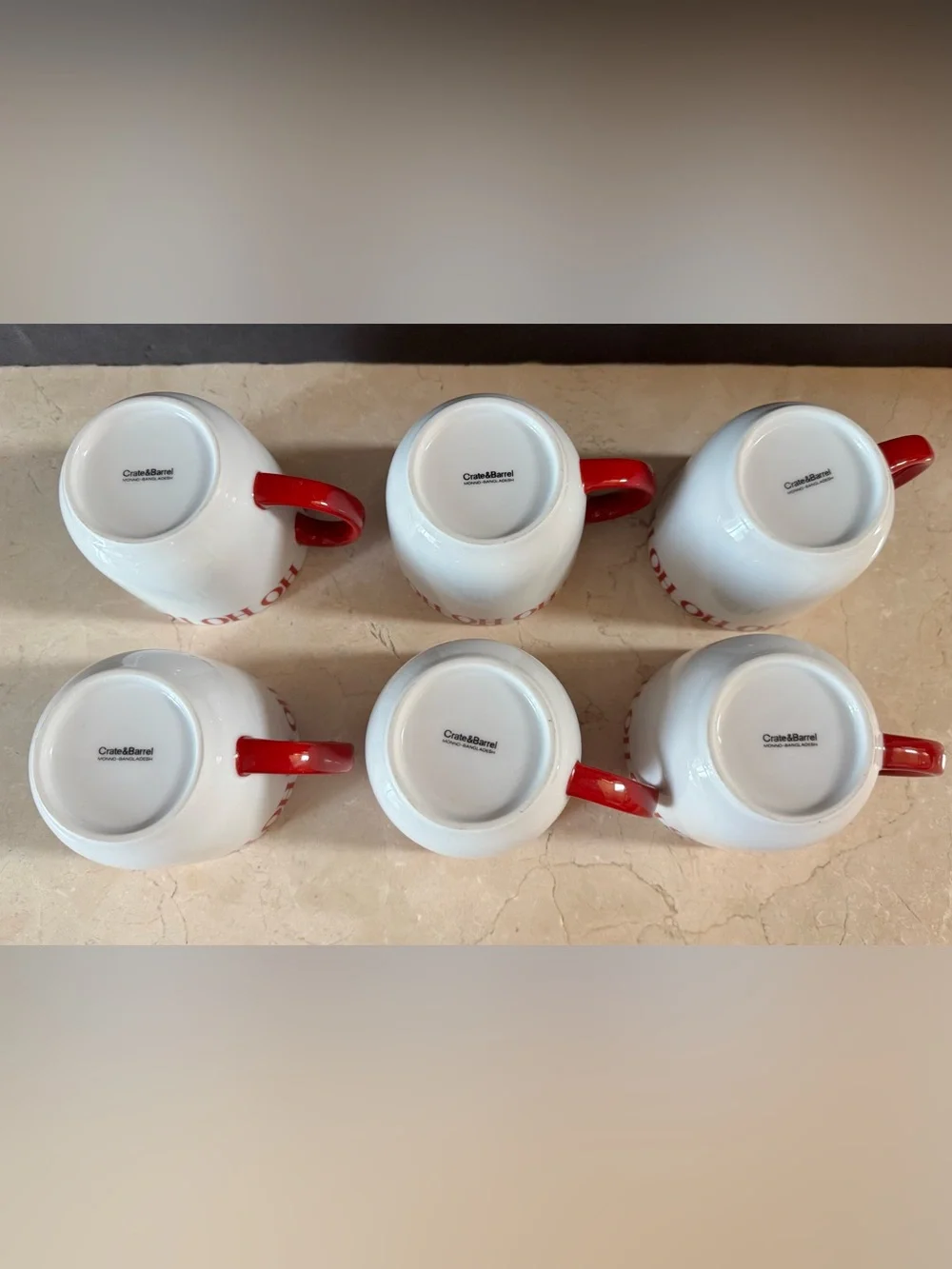 (Set/6) Crate & Barrel Ceramic HO HO HO White Holiday Mugs w/Red Handles